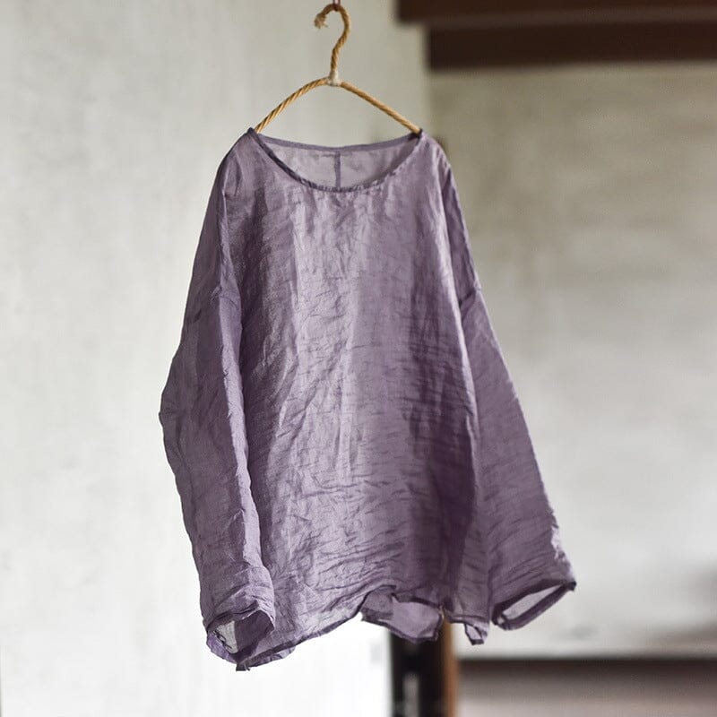 Summer Thin Linen Retro Pleated T-Shirt Jun 2023 New Arrival Purple One Size 
