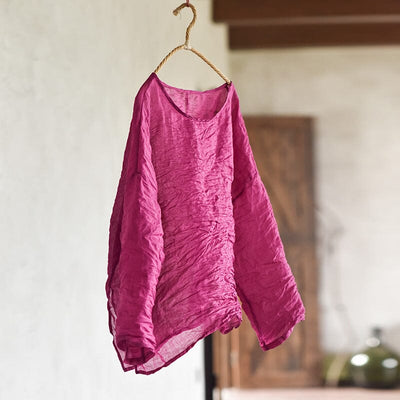 Summer Thin Linen Retro Pleated T-Shirt Jun 2023 New Arrival Rose Red One Size 