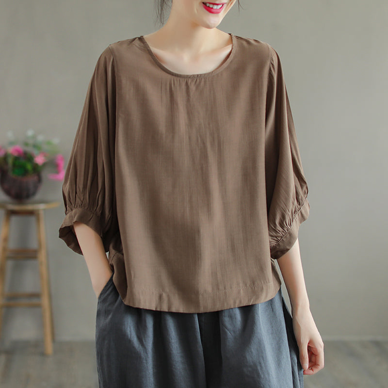Summer Thin Loose Solid Casual Cupro T-Shirt Jul 2022 New Arrival One Size Brown 