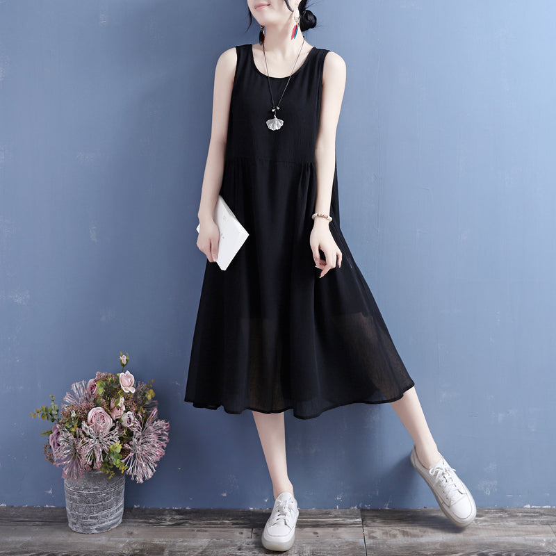 Summer Thin Silk Linen Sleeveless Dress Apr 2022 New Arrival One Size Black 