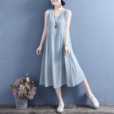 Summer Thin Silk Linen Sleeveless Dress Apr 2022 New Arrival One Size Blue 