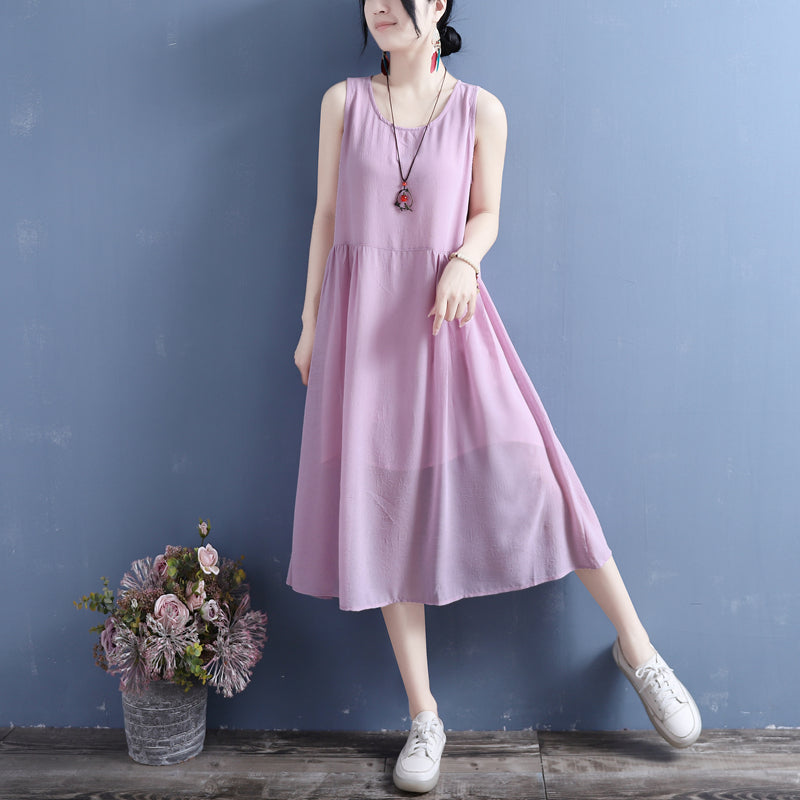 Summer Thin Silk Linen Sleeveless Dress Apr 2022 New Arrival One Size Pink 