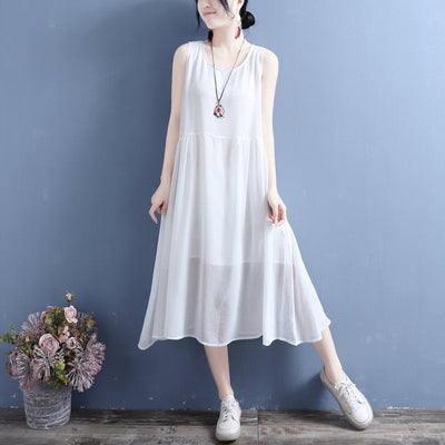 Summer Thin Silk Linen Sleeveless Dress Apr 2022 New Arrival One Size White 