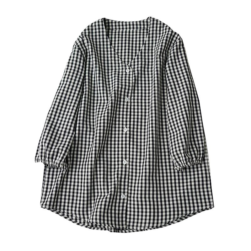 Summer V-Neck Cotton Top Comfortable Plaid Shirt