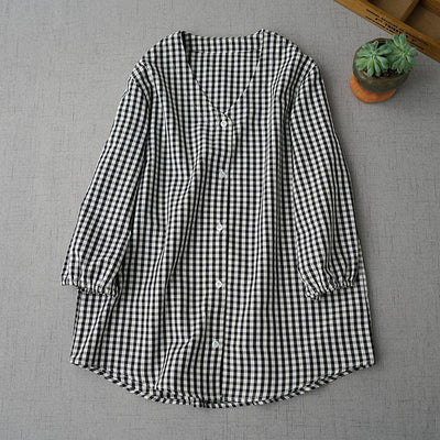 Summer V-Neck Cotton Top Comfortable Plaid Shirt 2019 Jun New One Size As the picture 
