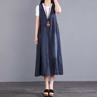 Summer V-Neck Parchwork Pullove Cotton Denim Dress July 2021 New-Arrival Blue 