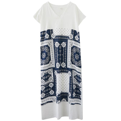 Summer Retro Printed V-Neck Plus Size Loose Linen Dress