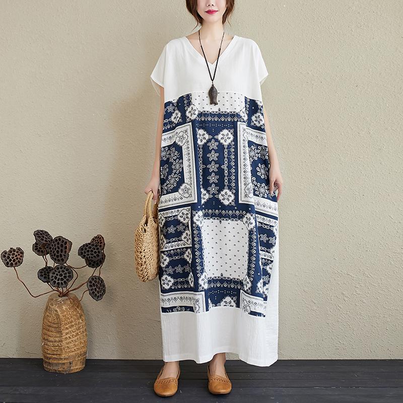 Summer Retro Printed V-Neck Plus Size Loose Linen Dress – Babakud