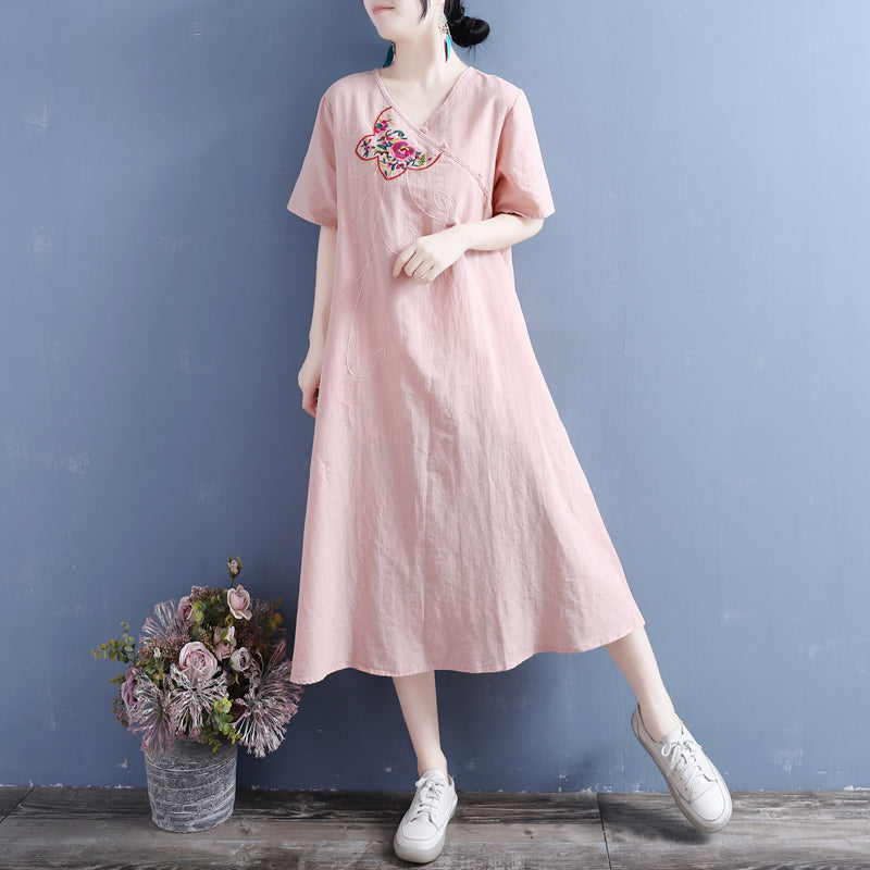Summer Vintage Embroidery Cotton Linen Dress May 2022 New Arrival 