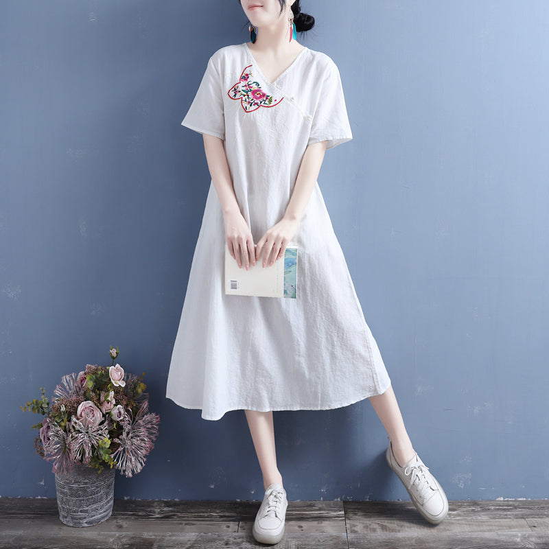 Summer Vintage Embroidery Cotton Linen Dress