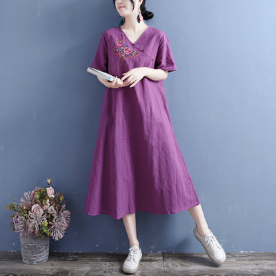 Summer Vintage Embroidery Cotton Linen Dress May 2022 New Arrival One Size Rose Red 