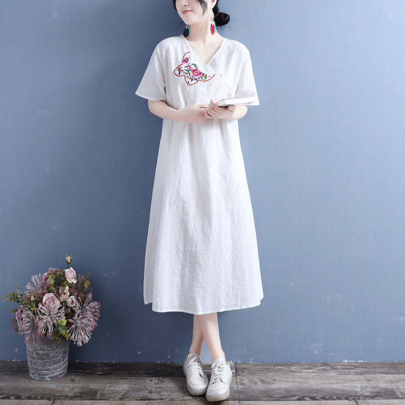 Summer Vintage Embroidery Cotton Linen Dress May 2022 New Arrival One Size White 