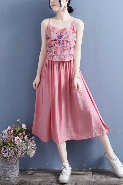 Summer Vintage Embroidery Cotton Linen Slip Dress