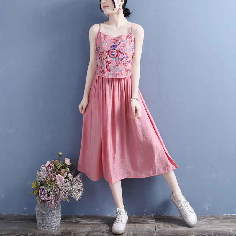 Summer Vintage Embroidery Cotton Linen Slip Dress May 2022 New Arrival 