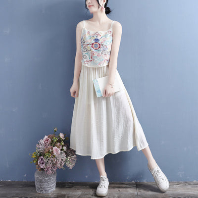 Summer Vintage Embroidery Cotton Linen Slip Dress May 2022 New Arrival One Size Beige 