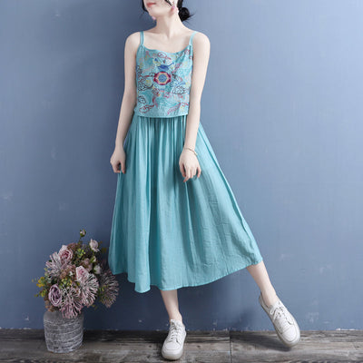 Summer Vintage Embroidery Cotton Linen Slip Dress May 2022 New Arrival One Size Green 