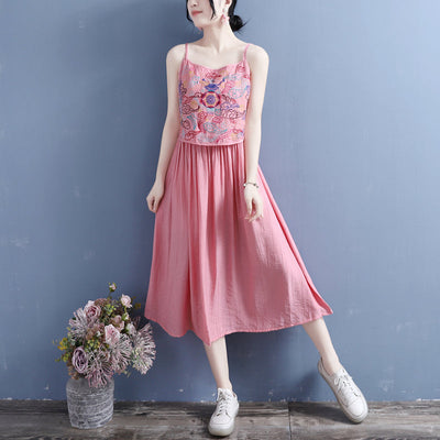 Summer Vintage Embroidery Cotton Linen Slip Dress May 2022 New Arrival One Size Pink 