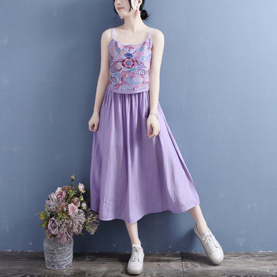 Summer Vintage Embroidery Cotton Linen Slip Dress May 2022 New Arrival One Size Purple 