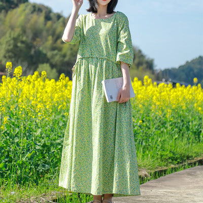 Summer Vintage Floral Cotton A-Line Dress May 2022 New Arrival M Green 