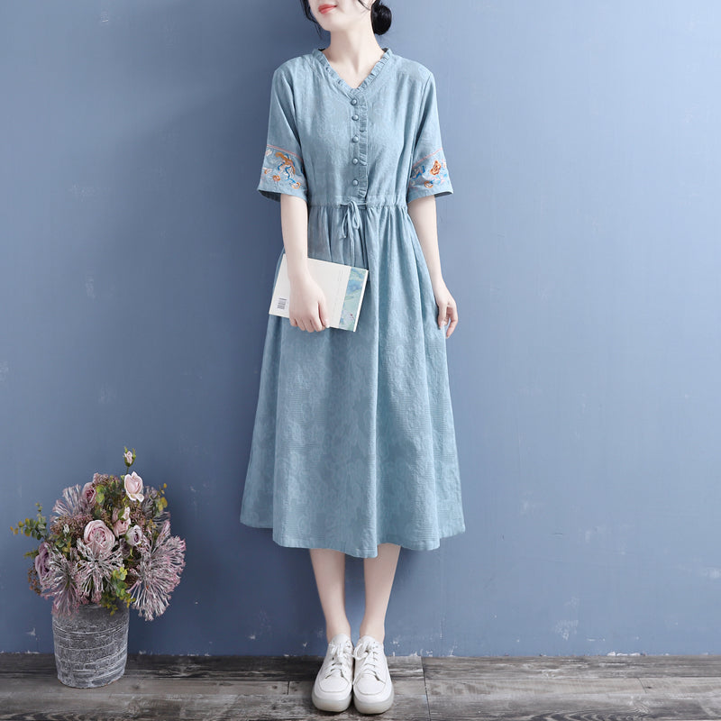 Summer Vintage Floral Cotton Linen Dress Apr 2022 New Arrival One Size Blue 