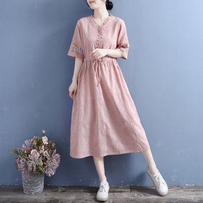 Summer Vintage Floral Cotton Linen Dress Apr 2022 New Arrival One Size Pink 