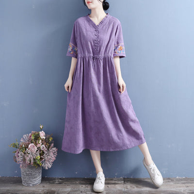 Summer Vintage Floral Cotton Linen Dress Apr 2022 New Arrival One Size Purple 
