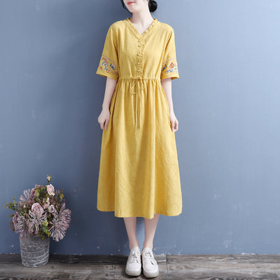 Summer Vintage Floral Cotton Linen Dress Apr 2022 New Arrival One Size Yellow 