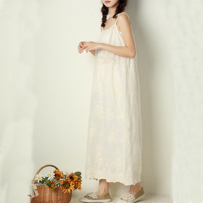 Summer Vintage Floral Embroidery Casual Loose Dress Apr 2022 New Arrival Apricot One Size 