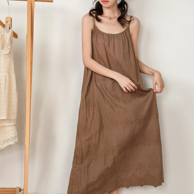Summer Vintage Floral Embroidery Casual Loose Dress Apr 2022 New Arrival Brown One Size 