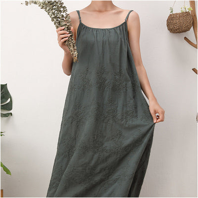 Summer Vintage Floral Embroidery Casual Loose Dress Apr 2022 New Arrival Green One Size 