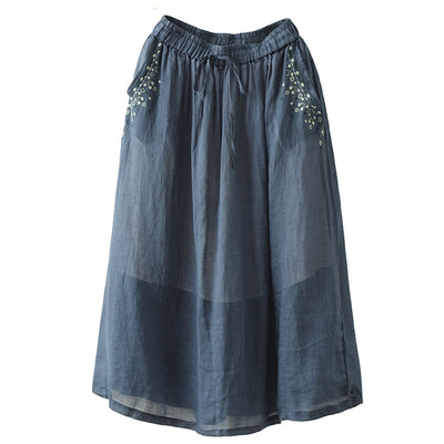 Summer Vintage Floral Embroidery Thin Linen Skirt