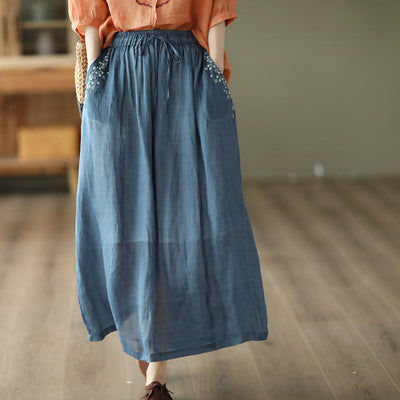 Summer Vintage Floral Embroidery Thin Linen Skirt May 2022 New Arrival One Size Blue 