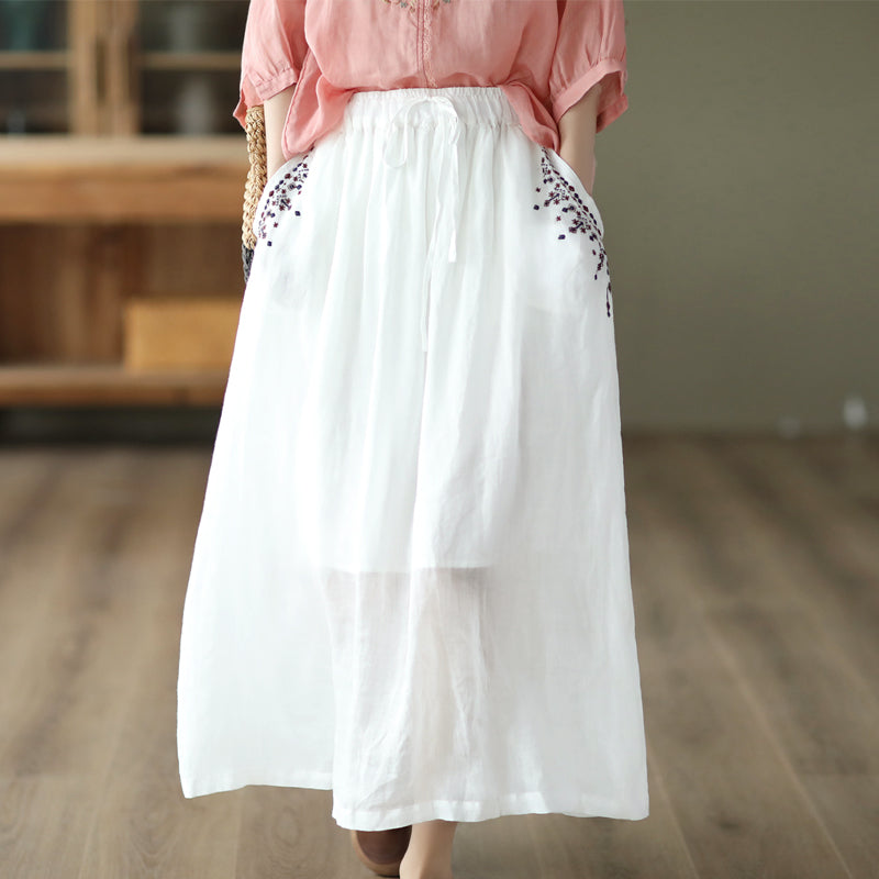 Summer Vintage Floral Embroidery Thin Linen Skirt May 2022 New Arrival One Size White 