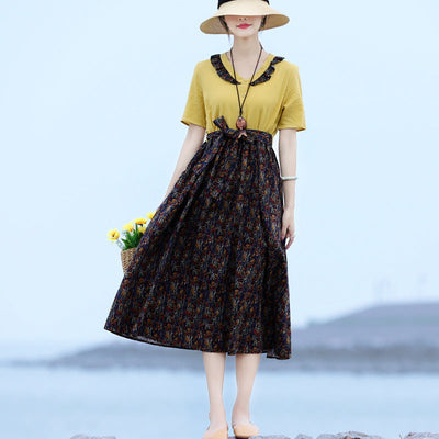 Summer Vintage Floral Patchwork Ruffle Collar Dress