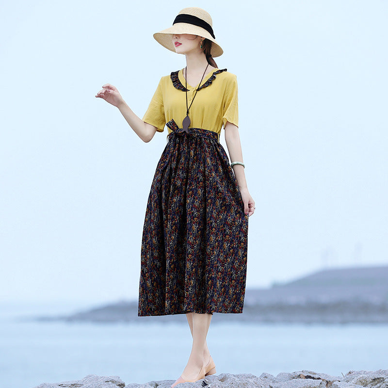 Summer Vintage Floral Patchwork Ruffle Collar Dress Apr 2022 New Arrival 