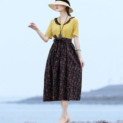 Summer Vintage Floral Patchwork Ruffle Collar Dress Apr 2022 New Arrival Yellow L 