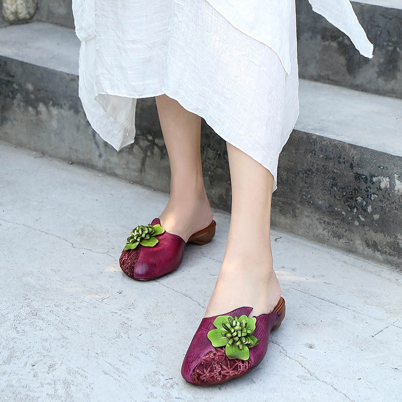 Summer Vintage Floral Plaited Leather Casual Slippers May 2022 New Arrival 