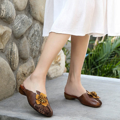 Summer Vintage Floral Plaited Leather Casual Slippers May 2022 New Arrival Brown 35 