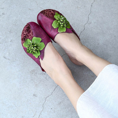 Summer Vintage Floral Plaited Leather Casual Slippers May 2022 New Arrival Purple 35 