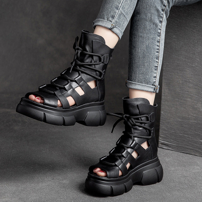 Summer Vintage Hollow Leather Platform Sandals May 2022 New Arrival 
