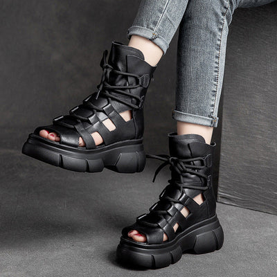 Summer Vintage Hollow Leather Platform Sandals