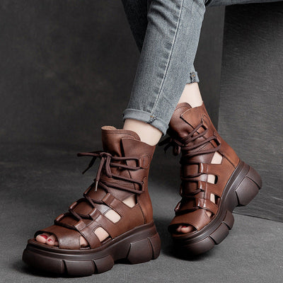 Summer Vintage Hollow Leather Platform Sandals