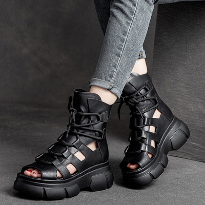 Summer Vintage Hollow Leather Platform Sandals