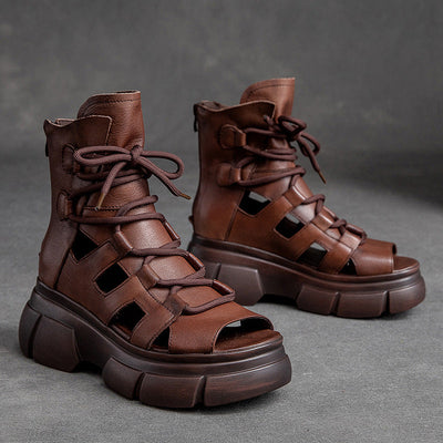 Summer Vintage Hollow Leather Platform Sandals May 2022 New Arrival Brown 35 