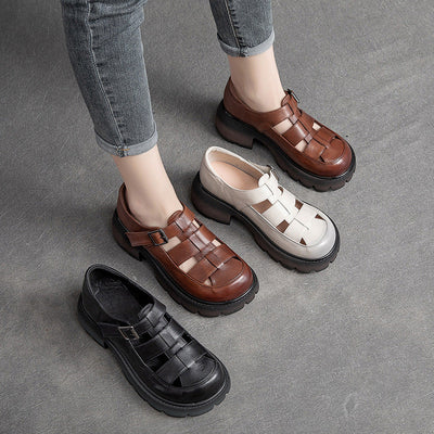 Summer Vintage Leather Hollow Velcro Casual Sandals