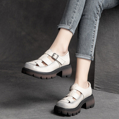 Summer Vintage Leather Hollow Velcro Casual Sandals