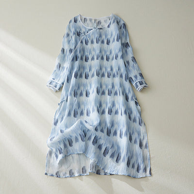 Summer Vintage Loose Printed Linen Blue Dress May 2022 New Arrival 