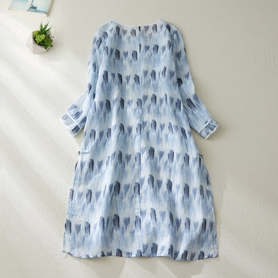 Summer Vintage Loose Printed Linen Blue Dress May 2022 New Arrival 