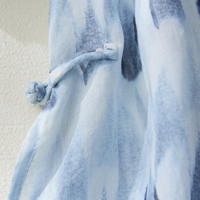 Summer Vintage Loose Printed Linen Blue Dress