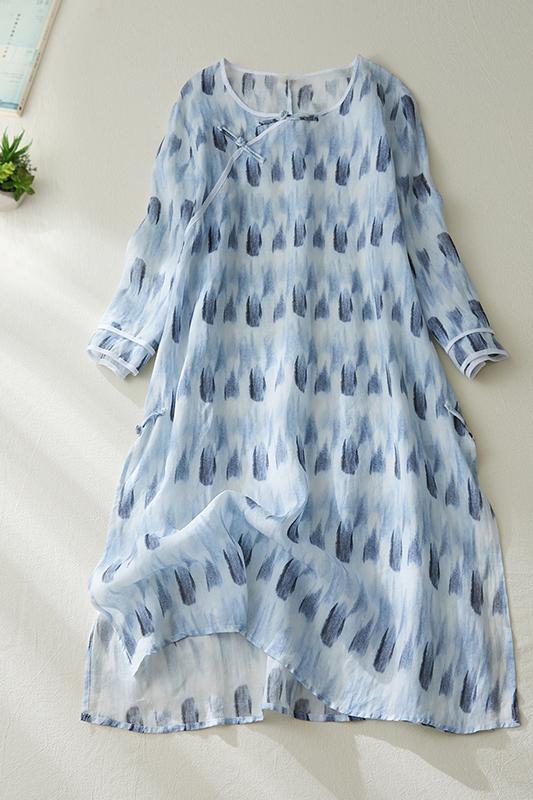 Summer Vintage Loose Printed Linen Blue Dress